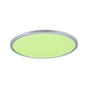 Runde LED-Deckenleuchte mit silbernem Aluminiumrahmen und grünem Licht für moderne Wohnräume