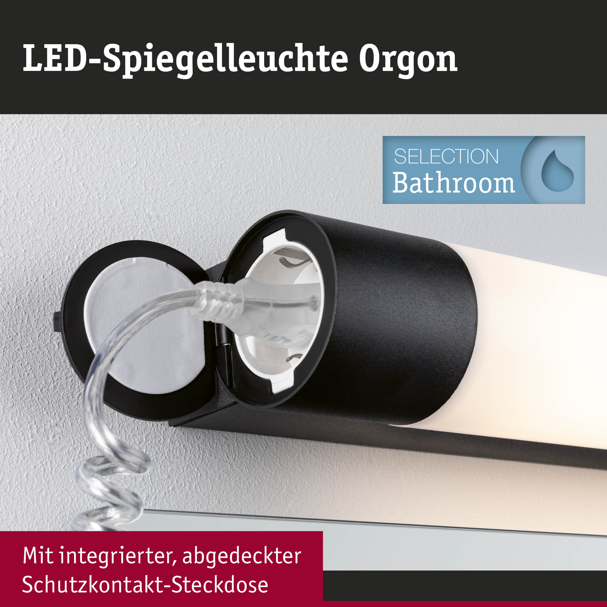 Schwarze LED-Spiegelleuchte Orgon mit integrierter Schutzkontakt-Steckdose für Badezimmerbeleuchtung
