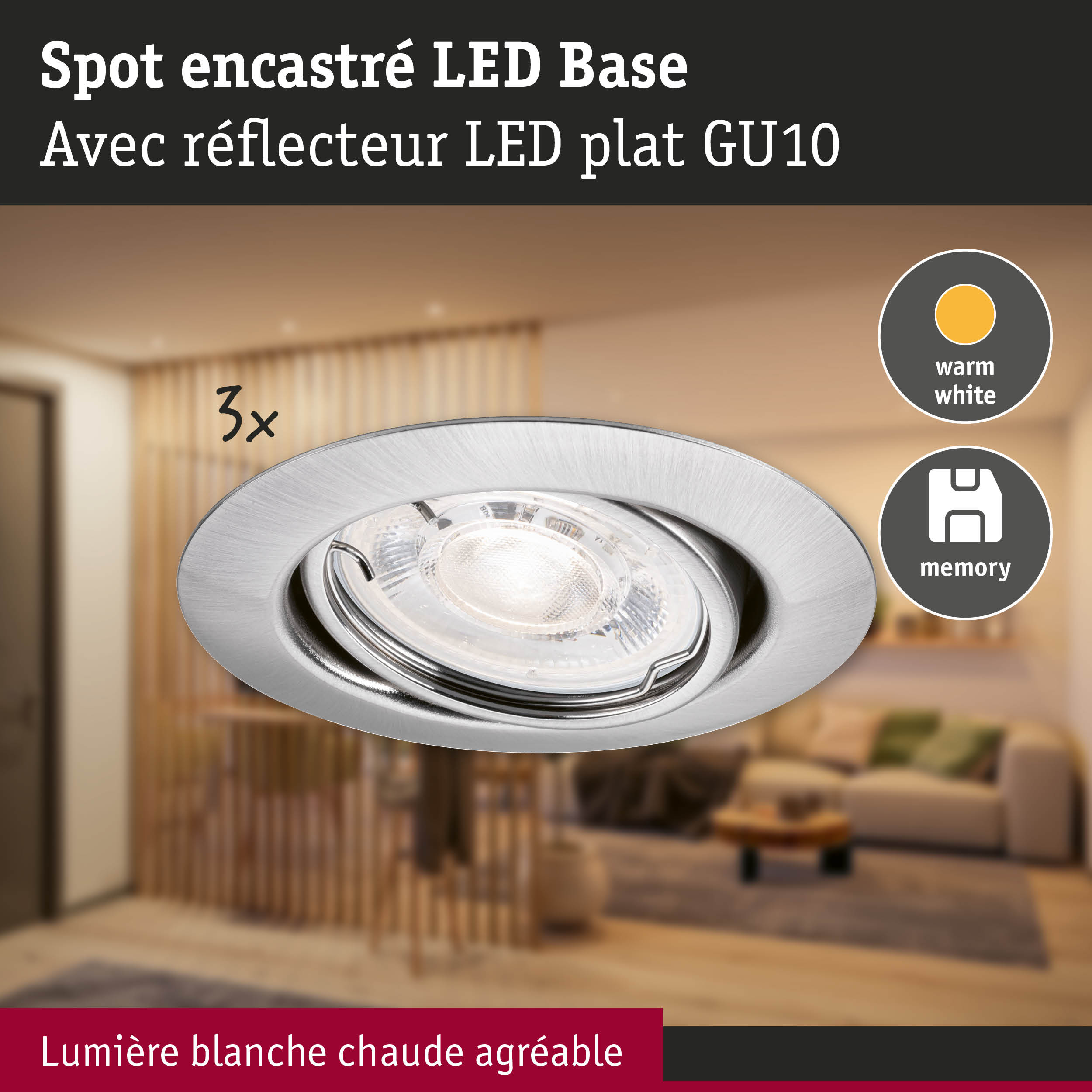 Spot encastré LED GU10 avec réflecteur plat en aluminium brossé pour lumière blanc chaud