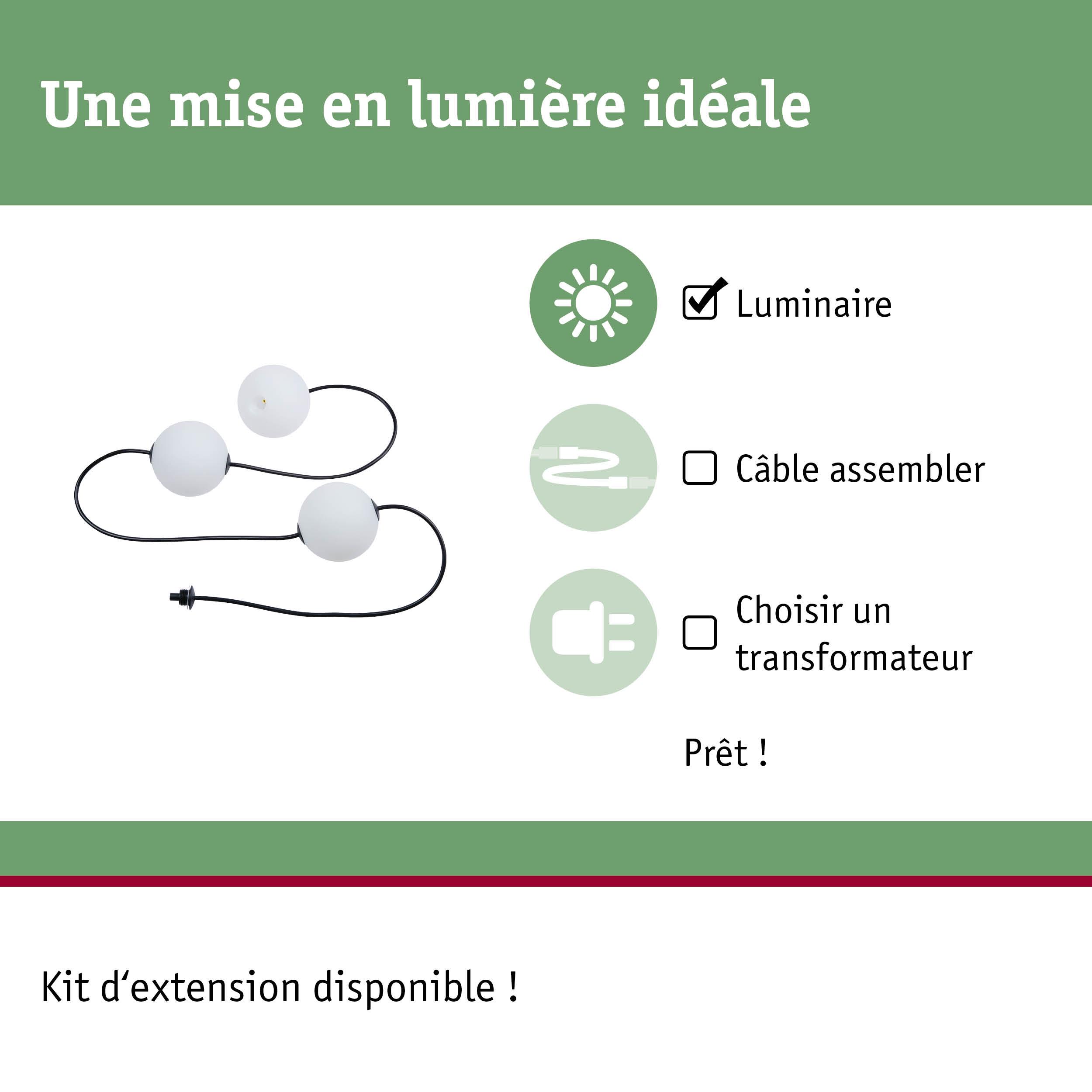 Trois luminaires sphériques blancs avec câble noir, kit d'éclairage sans câble ni transformateur