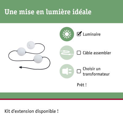 Trois luminaires sphériques blancs avec câble noir, kit d'éclairage sans câble ni transformateur
