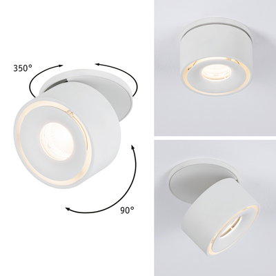 Witte metalen LED-plafondspot met 350° draaibare kop en 90° kantelbare lichtstraal voor veelzijdige verlichting