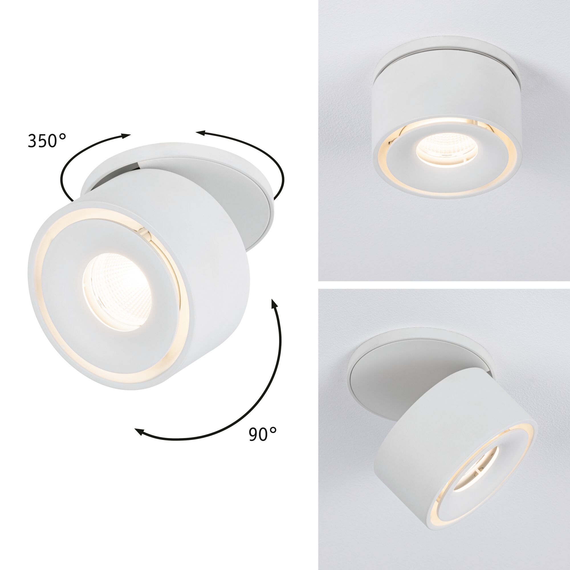 Spot LED de plafond en métal blanc avec tête rotative à 350° pour un éclairage flexible