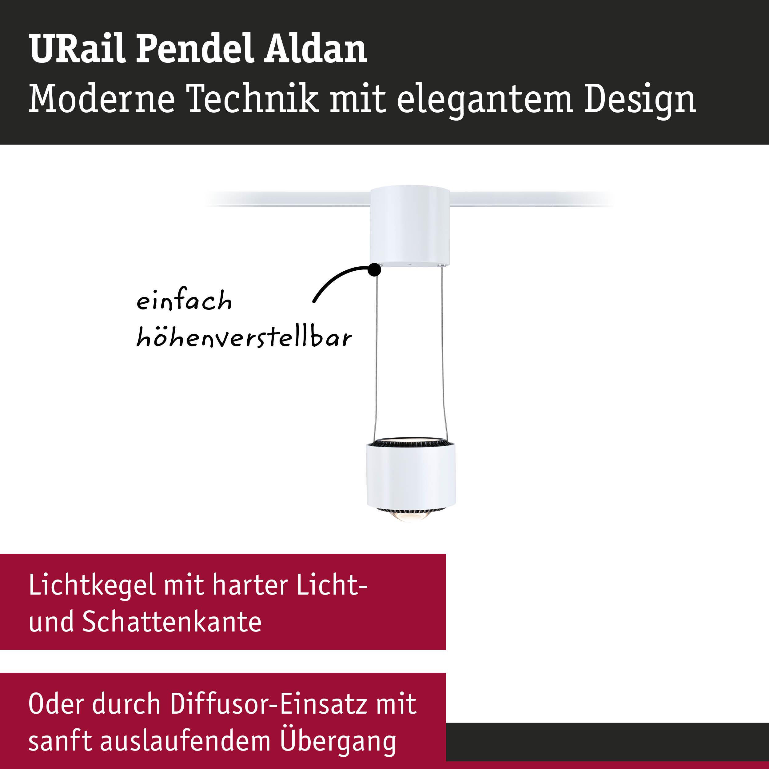 Weißer URail Pendel Aldan LED-Hängeleuchte mit höhenverstellbarem Design und scharfem Lichtkegel