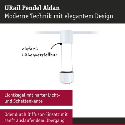 Weißer URail Pendel Aldan LED-Hängeleuchte mit höhenverstellbarem Design und scharfem Lichtkegel