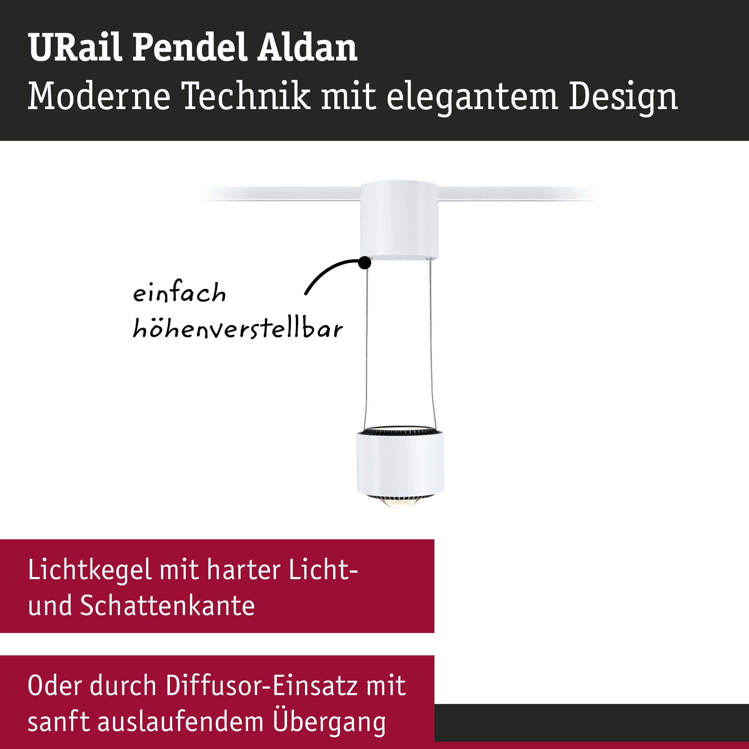 Weiße URail Pendel Aldan Hängeleuchte mit modernem Design und höhenverstellbarer Technik