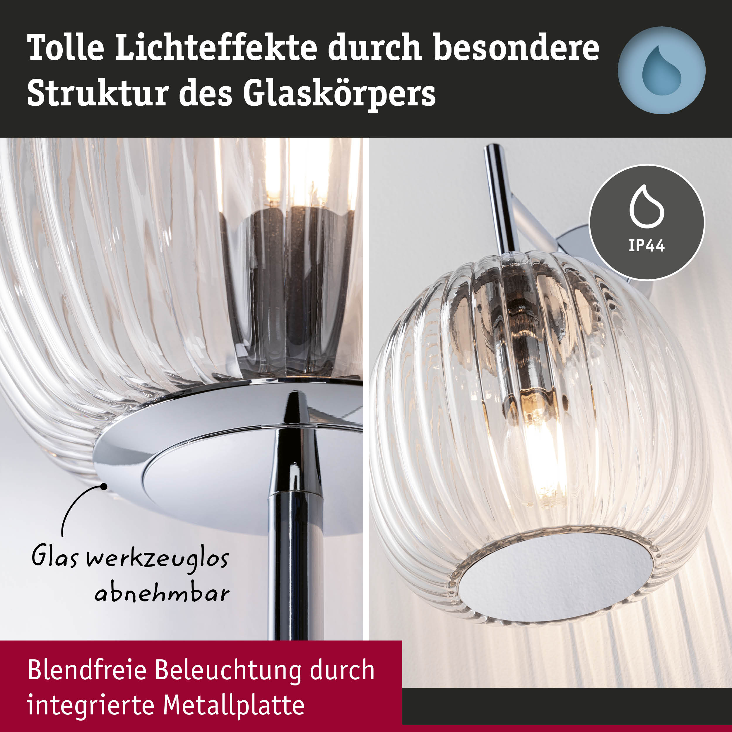 Wandleuchte mit klarem geripptem Glas und chromfarbenem Metall, blendfreie Beleuchtung mit IP44 Schutz