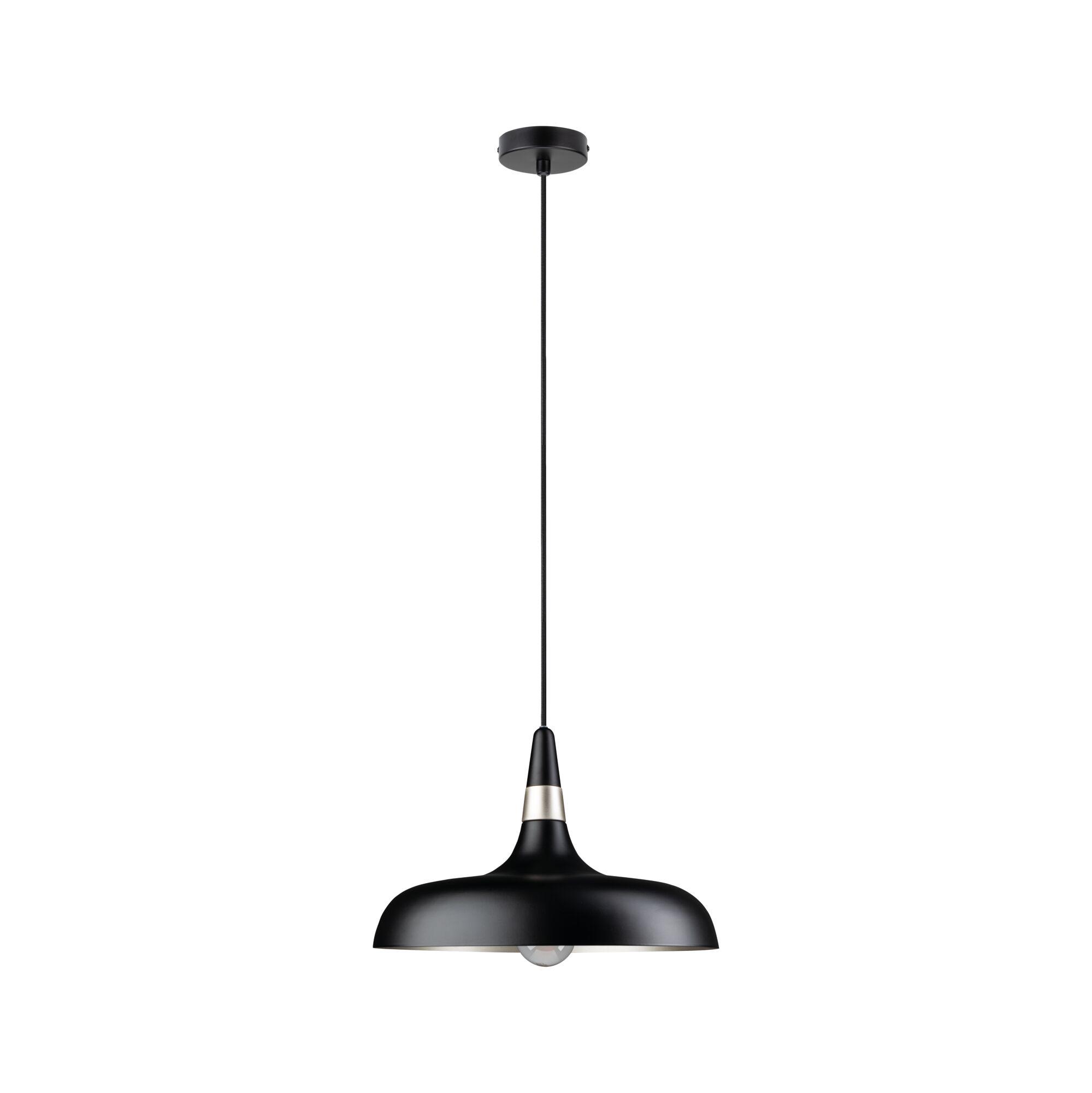 Black metal pendant lamp with matte finish and silver accent, modern hanging light for living room