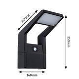 Black metal LED outdoor wall light with motion sensor, dimensions 217x250x140 mm for garden lighting