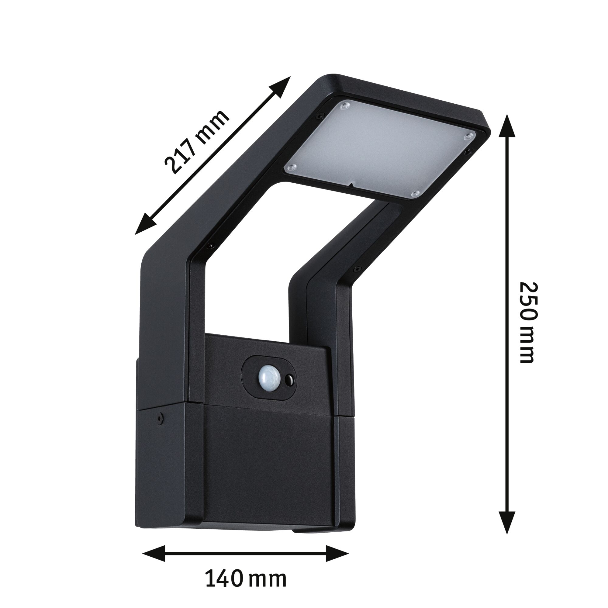 Black metal LED outdoor wall light with motion sensor, dimensions 217x250x140 mm for garden lighting
