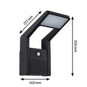 Schwarze LED-Außenwandleuchte aus Metall mit Bewegungsmelder und Abmessungen 217x250x140 mm