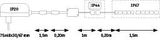 Technical drawing showing IP20, IP44, and IP67 ratings with dimensions for LED lighting cable setup.