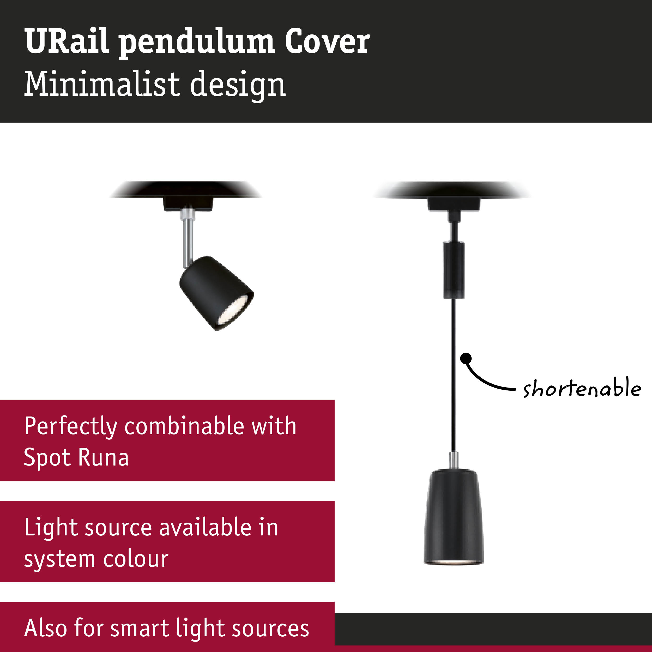 Minimalist black URail pendant cover with shorten cable compatible with Spot Runa lighting system