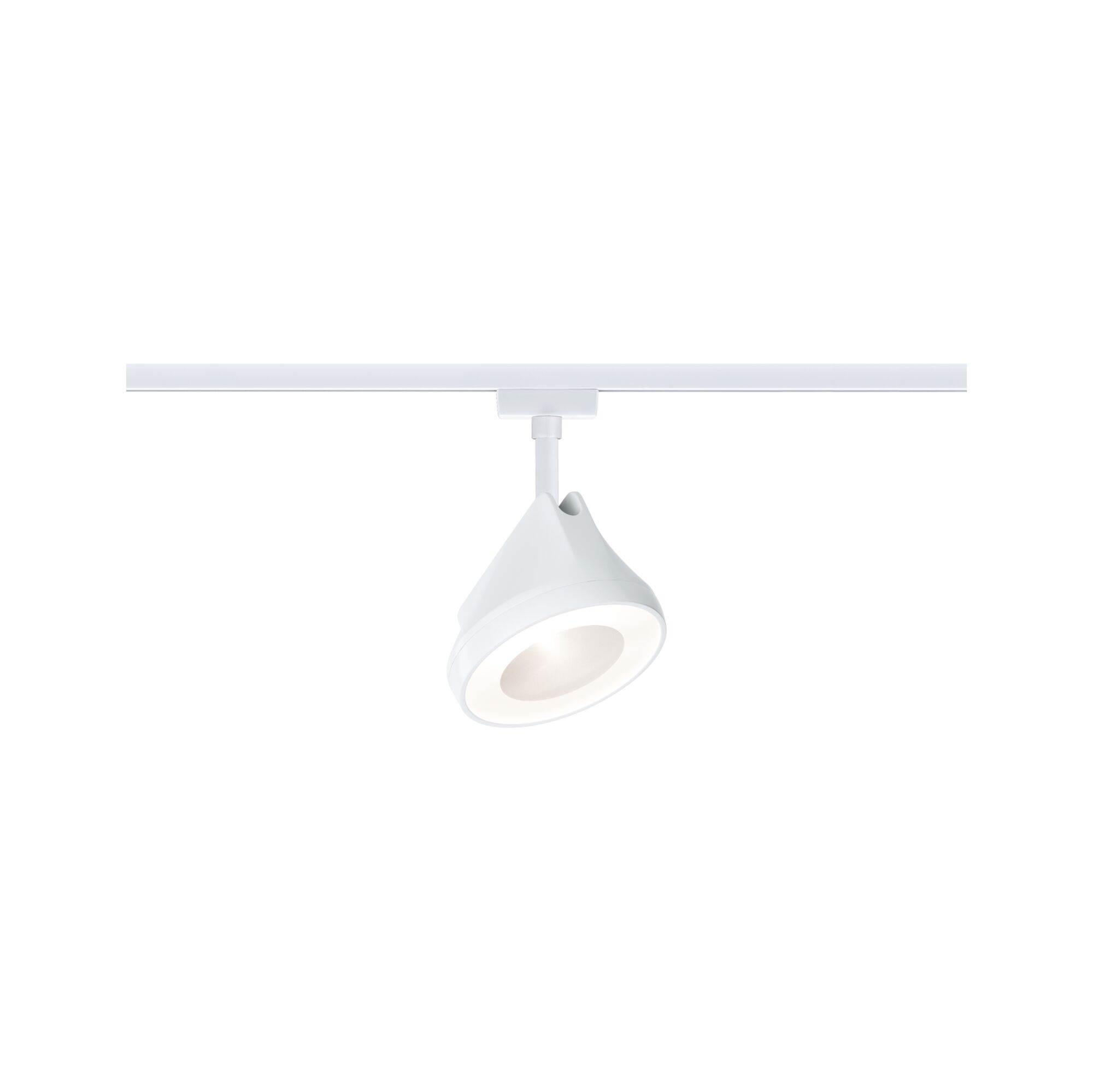 Moderner weißer LED-Strahler aus Kunststoff an Schienensystem für flexible Raumbeleuchtung