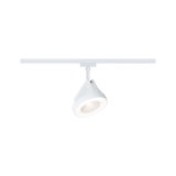 Moderner weißer LED-Spot aus Kunststoff an Schienensystem für flexible Raumbeleuchtung