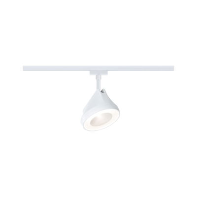 Moderner weißer LED-Spot aus Kunststoff an Schienensystem für flexible Raumbeleuchtung