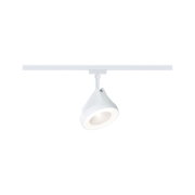 Moderner weißer LED-Spot aus Kunststoff an Schienensystem für flexible Raumbeleuchtung