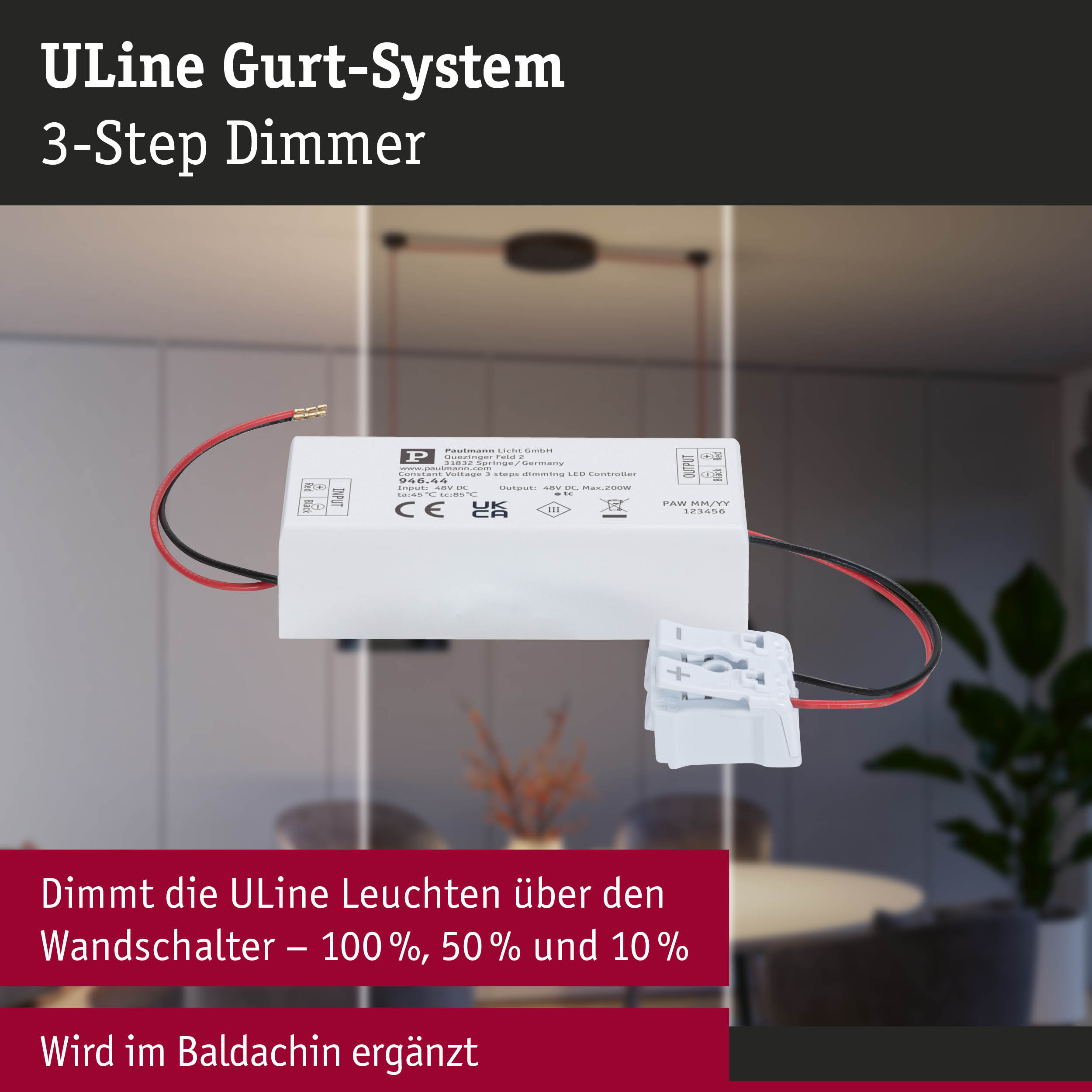 Weißer ULine 3-Stufen LED-Dimmer mit roten und schwarzen Kabeln für Lichtsteuerung im Innenbereich