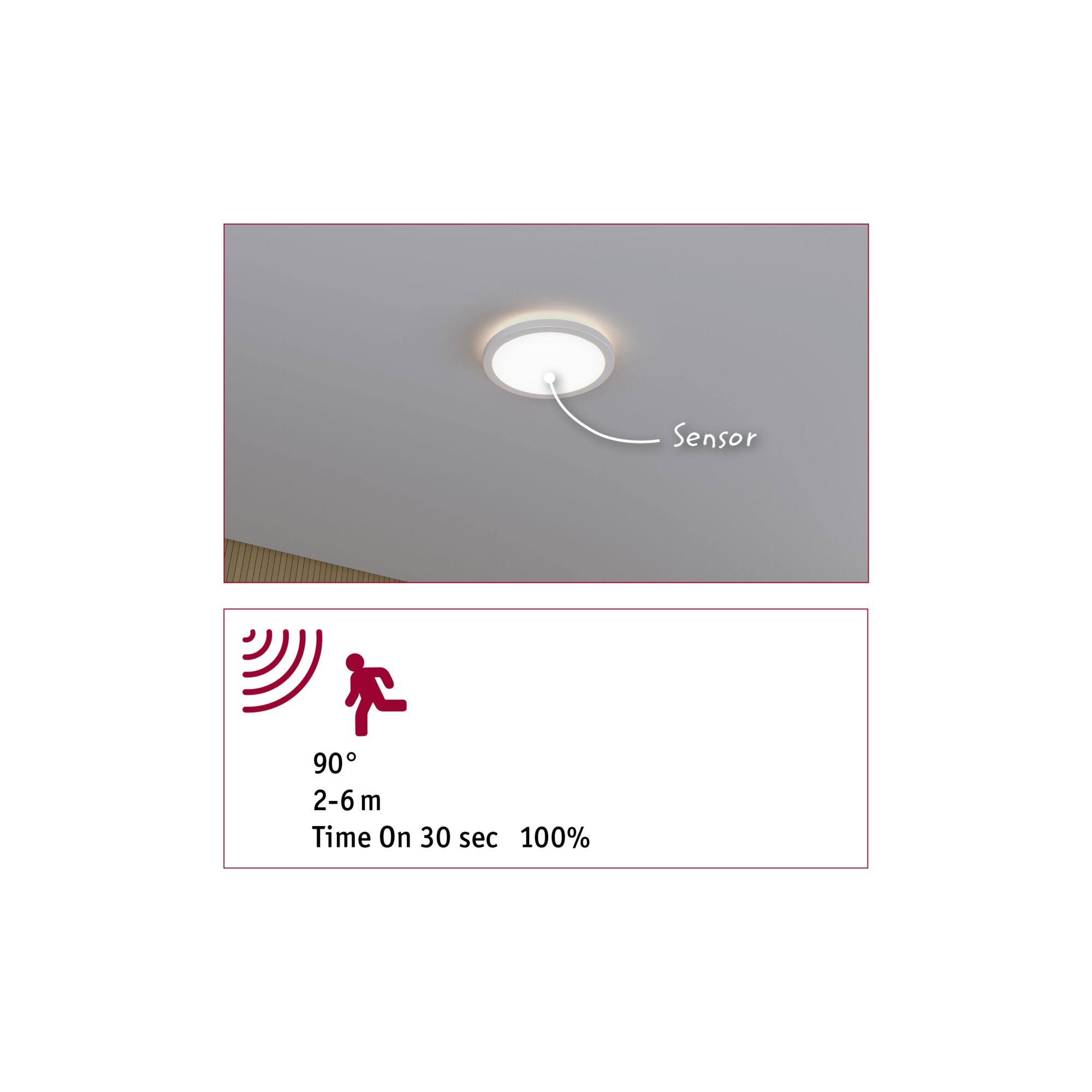Runde weiße LED-Deckenleuchte mit integriertem Sensor und 90° Erfassungswinkel für Innenräume.
