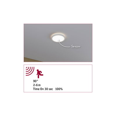 Runde weiße LED-Deckenleuchte mit integriertem Sensor und 90° Erfassungswinkel für Innenräume.