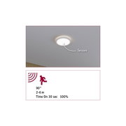 Runde weiße LED-Deckenleuchte mit integriertem Sensor und 90° Erfassungswinkel für Innenräume.