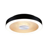 Ronde plafondlamp met zwarte rand en warm wit LED-licht, modern ontwerp met concentrische ringen