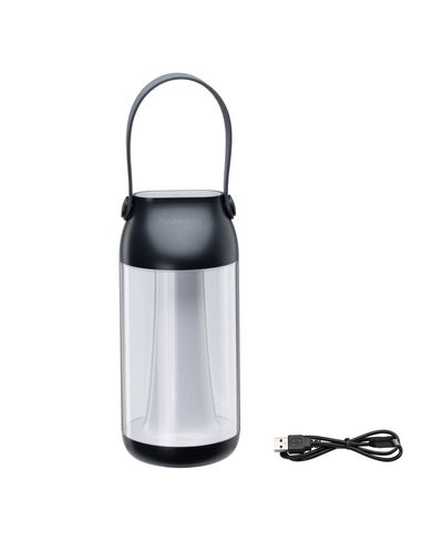 Black portable LED lantern made of plastic with USB charging cable for outdoor lighting