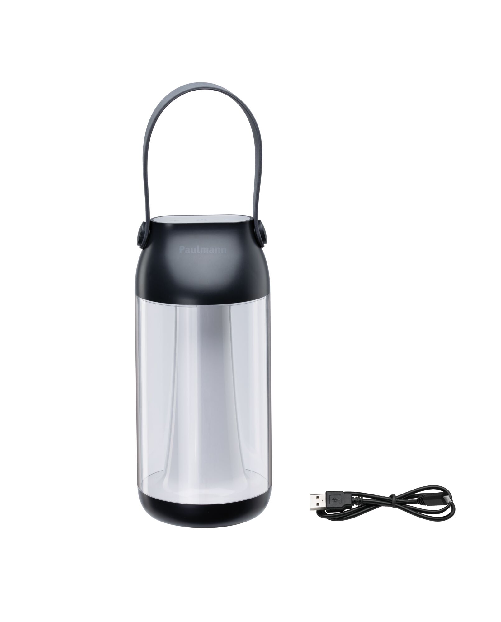 Black portable LED lantern made of plastic with USB charging cable for outdoor lighting