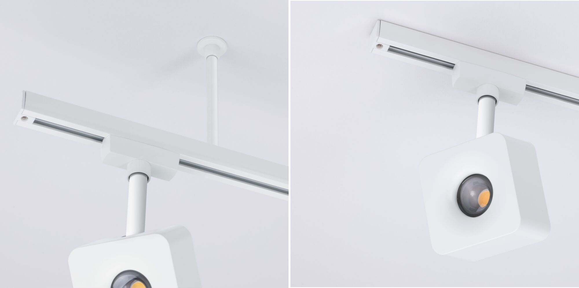 Weißer quadratischer LED-Strahler an weißer Deckenstange mit Schienensystem für moderne Beleuchtung