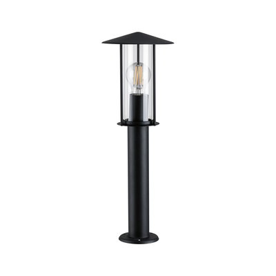 Black outdoor metal lamp with clear glass and visible LED bulb for garden lighting
