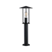 Black metal outdoor lamp with clear glass and visible LED bulb for garden lighting