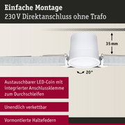 Weißer LED-Einbaustrahler mit 35 mm Einbautiefe und 20° Schwenkbereich für 230V Direktanschluss