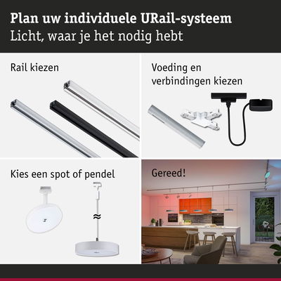 URail rails in wit en zwart, voeding, verbindingen en keuze uit spots of pendels voor LED-verlichtingssysteem