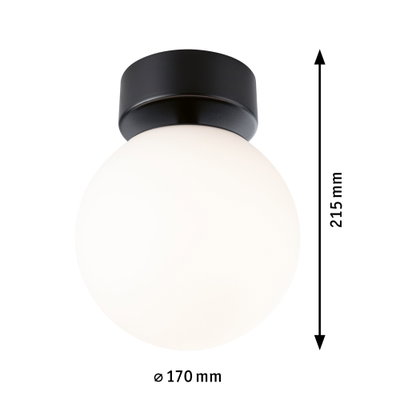 Round ceiling light with white glass and black metal mount, 170 mm diameter, 215 mm height