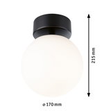 Round ceiling light with white glass and black metal mount, 170 mm diameter, 215 mm height