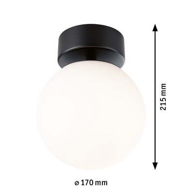 Ronde plafondlamp met wit glas en zwarte metalen houder, 170 mm diameter, 215 mm hoog