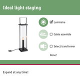 Black floor lamp with glass casing and visible bulb, perfect for modern lighting solutions.
