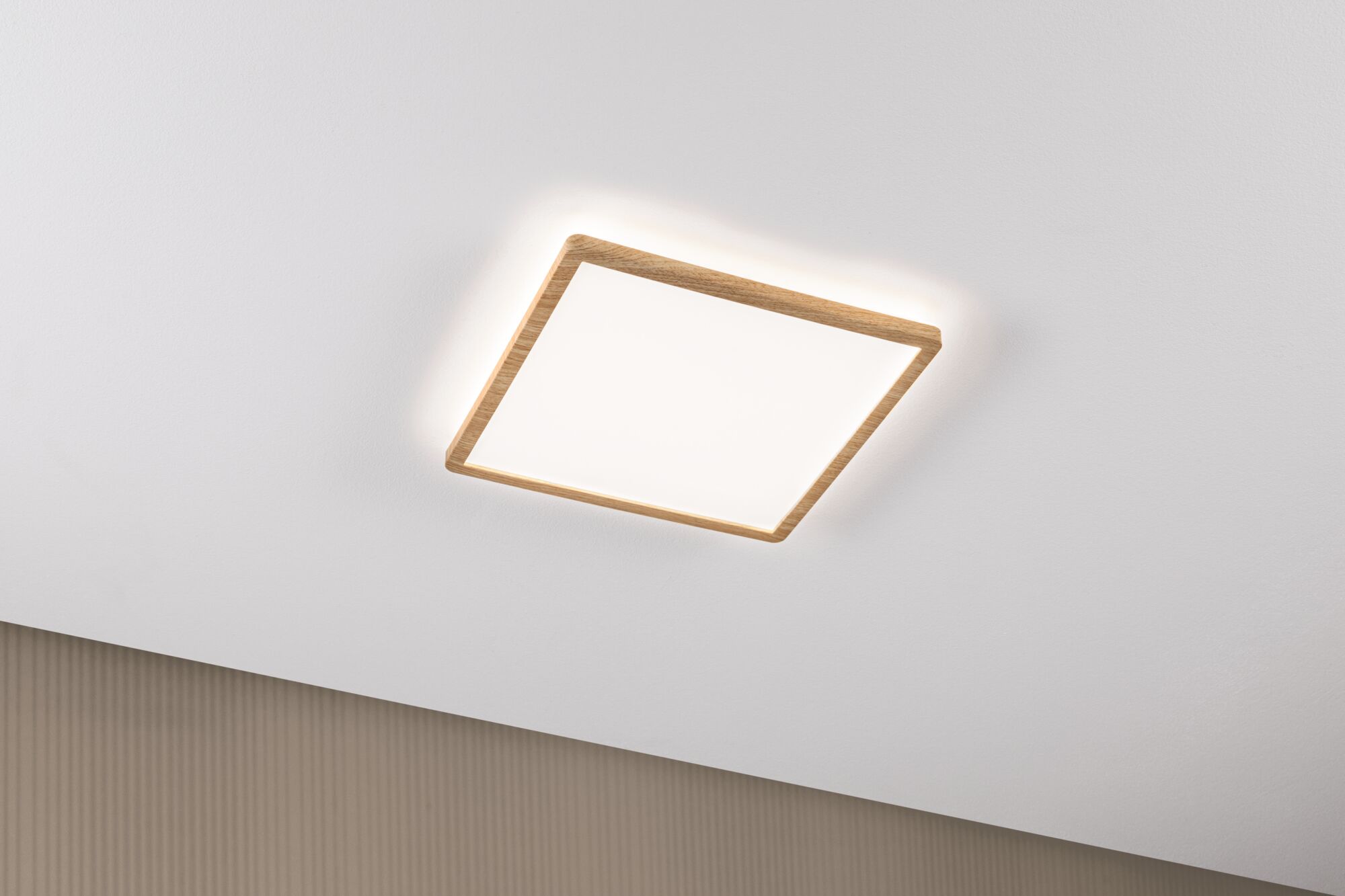 Square ceiling light with wooden frame and warm white LED for modern home lighting design