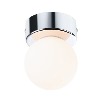 Round ceiling light with white glass and chrome metal for modern interior lighting