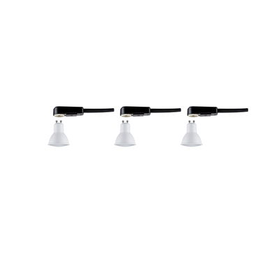 Three white LED spotlights with black cable for track lighting, modern indoor lighting solution