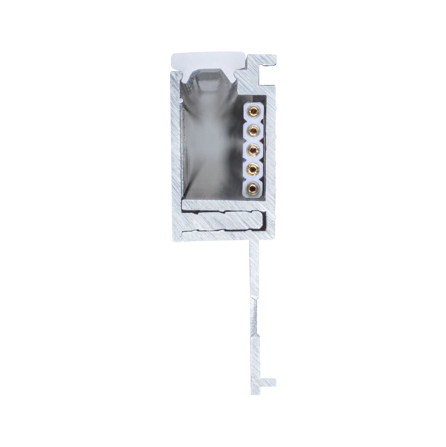 Cross-section of silver aluminium profile with five gold contacts for LED lighting systems