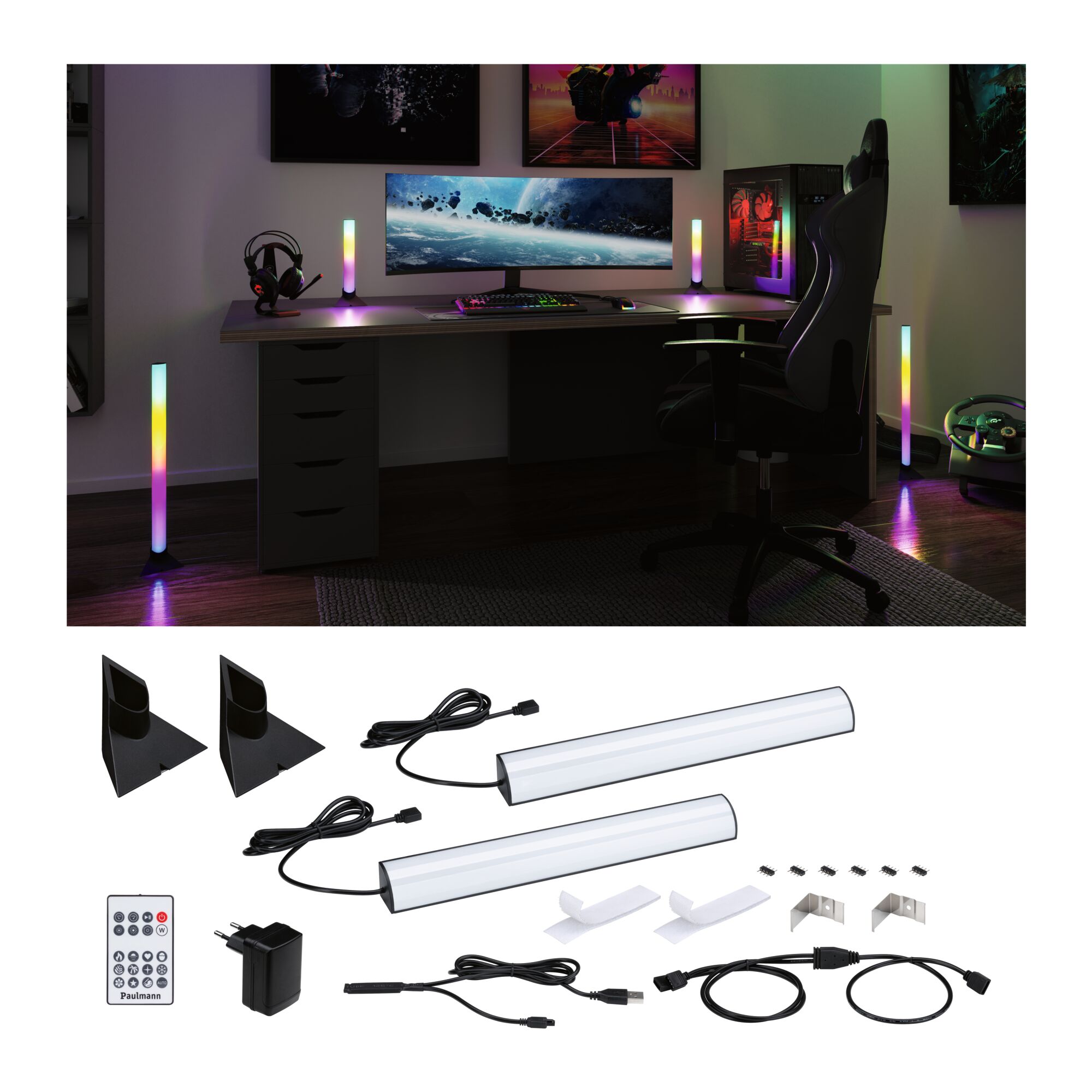 EntertainLED Lightbar Dynamic RGB 2x0,6W 2x24lm RGB RGB LED light strip set with remote and mounts for gaming and PC room lighting effects.