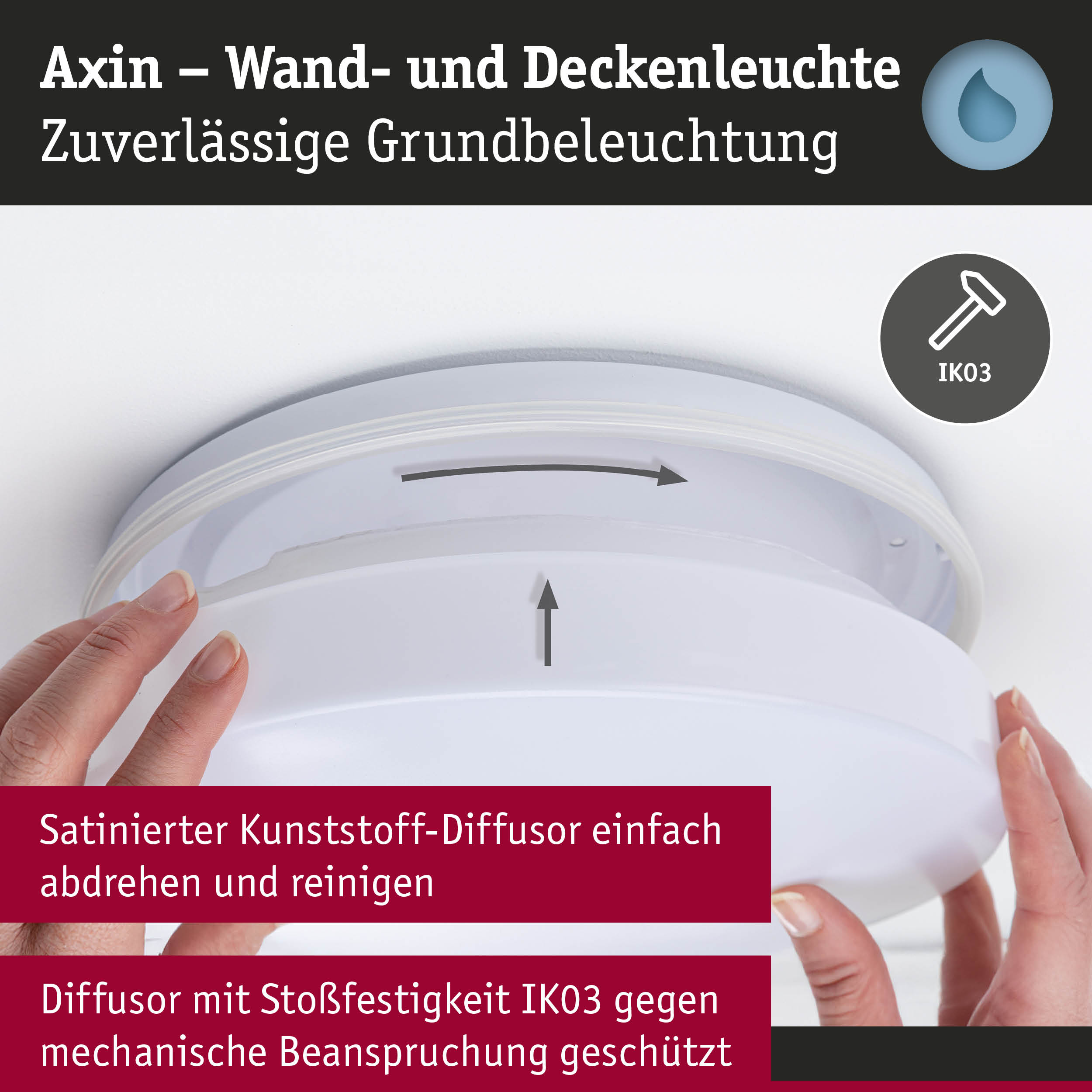 Axin Wand- und Deckenleuchte mit satiniertem weißem Kunststoff-Diffusor und IK03 Stoßfestigkeit