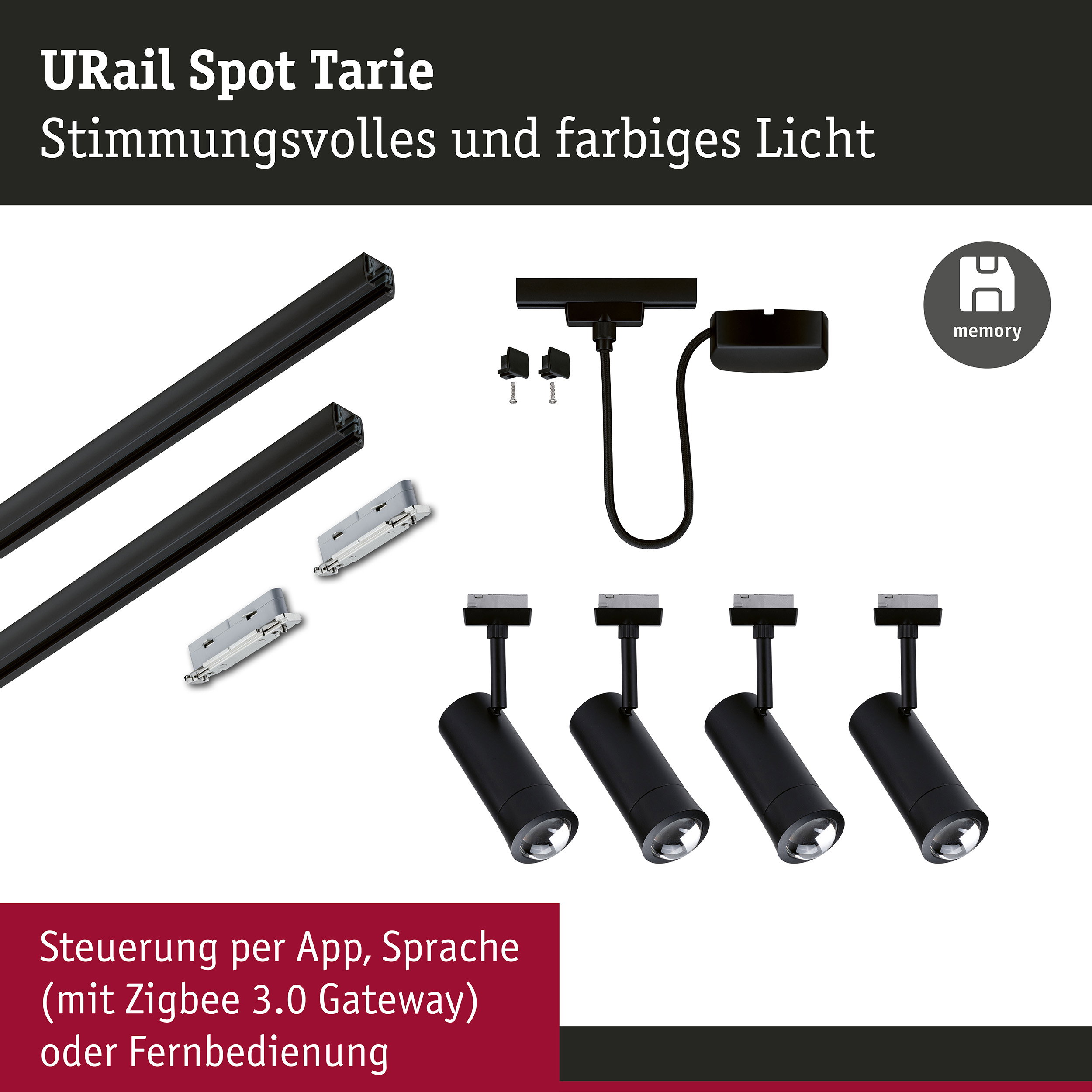URail Schienenspot Smart Home Zigbee 3.0 Tarie Starterset Kabeleinspeisung 4x4,5W 230V Schwarz matt