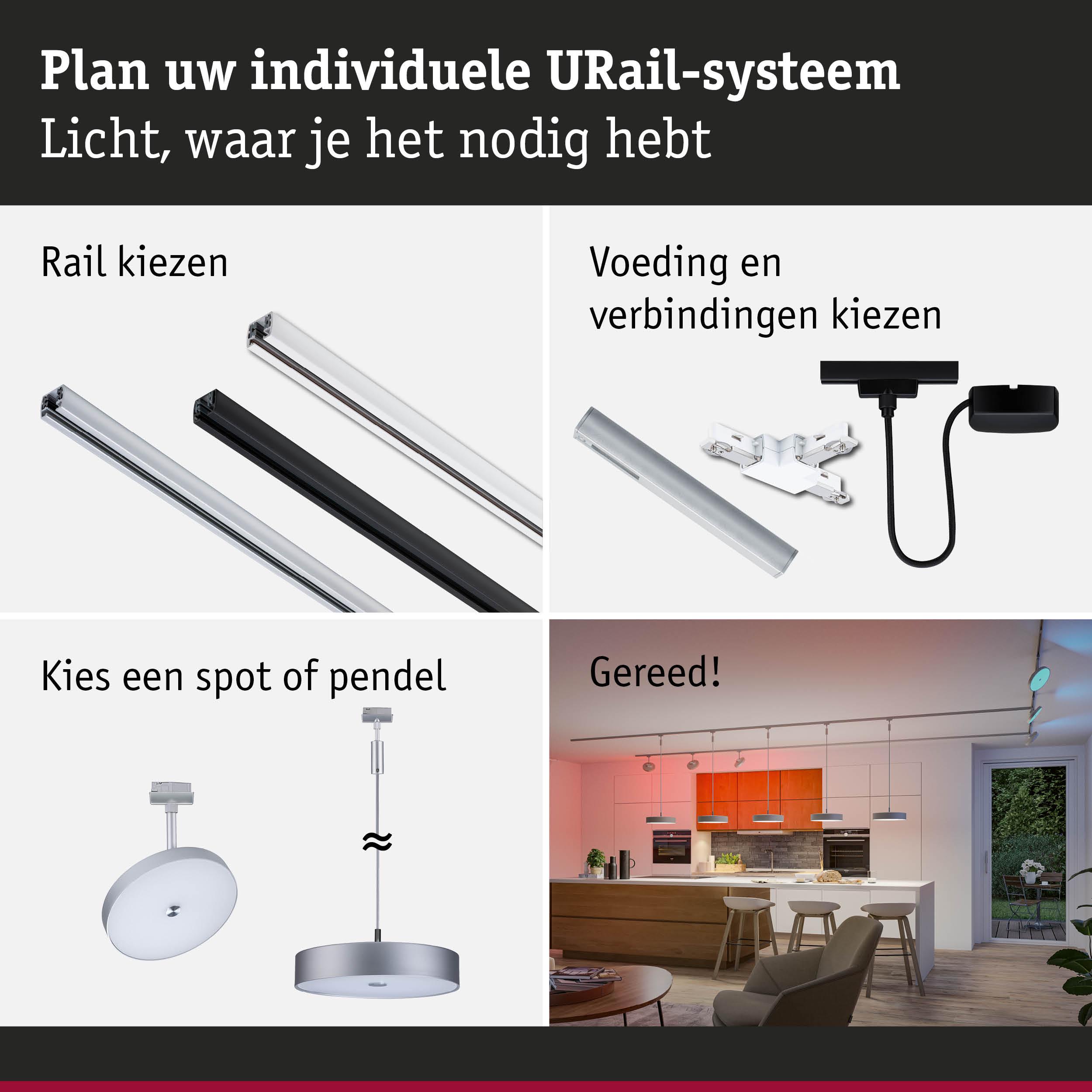 Stapsgewijze handleiding voor URail-systeem met rails, verbindingen, spots en pendels in moderne keukenverlichting