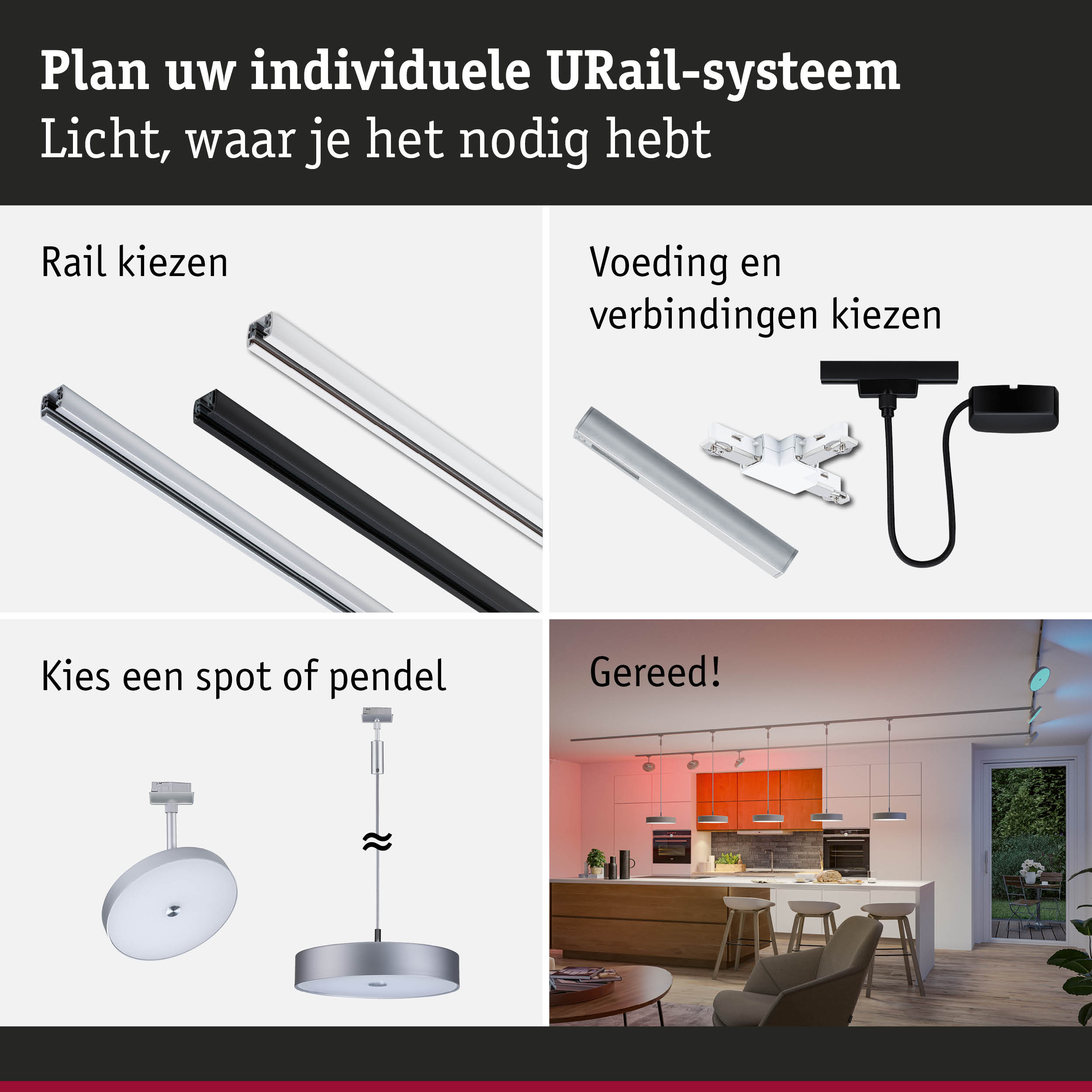 Modulair URail-systeem met witte en zwarte rails, verbindingsstukken en verlichtingsopties