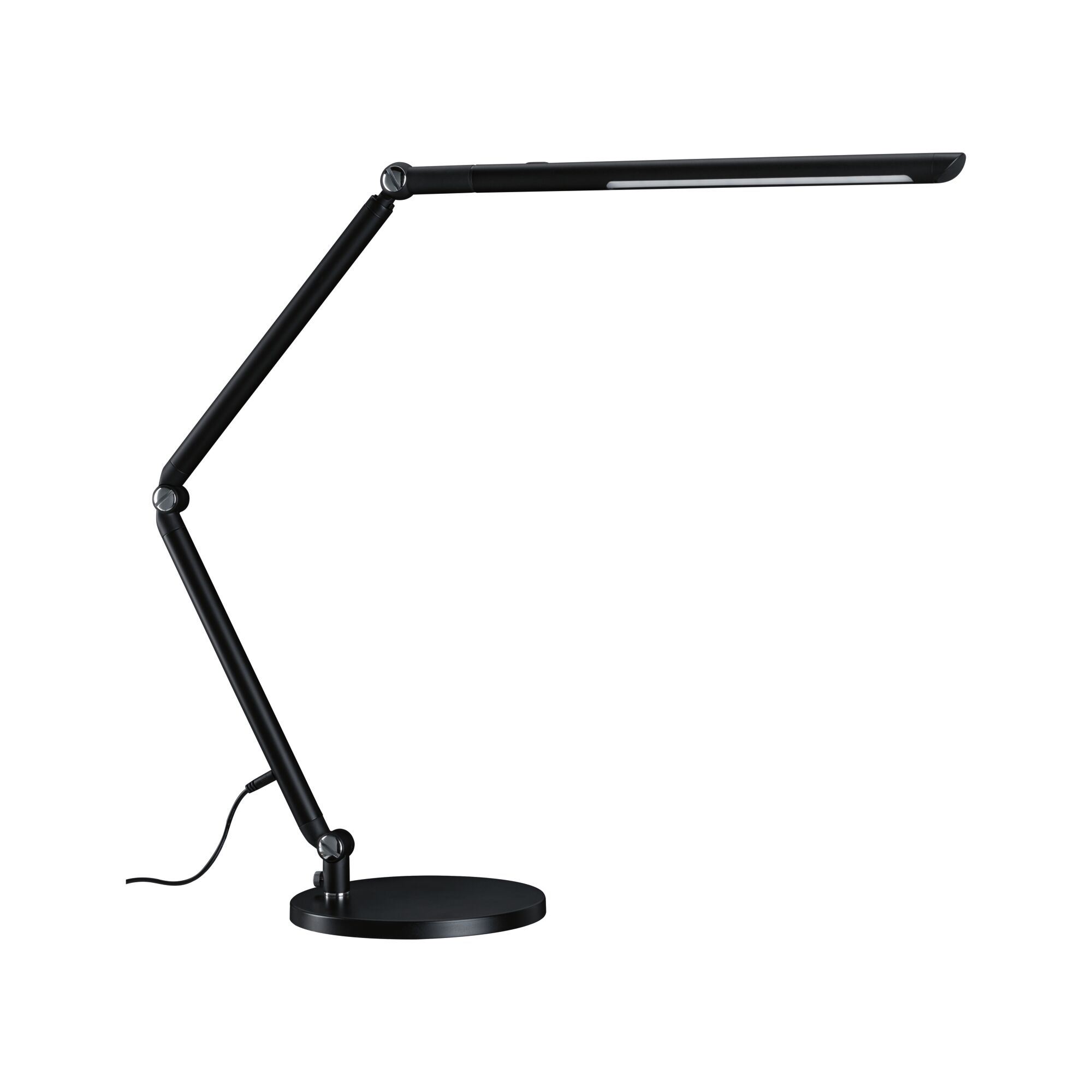 Black metal LED desk lamp with adjustable arm and round base for office lighting and workspace