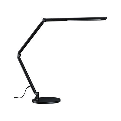 Black metal LED desk lamp with adjustable arm and round base for office lighting and workspace