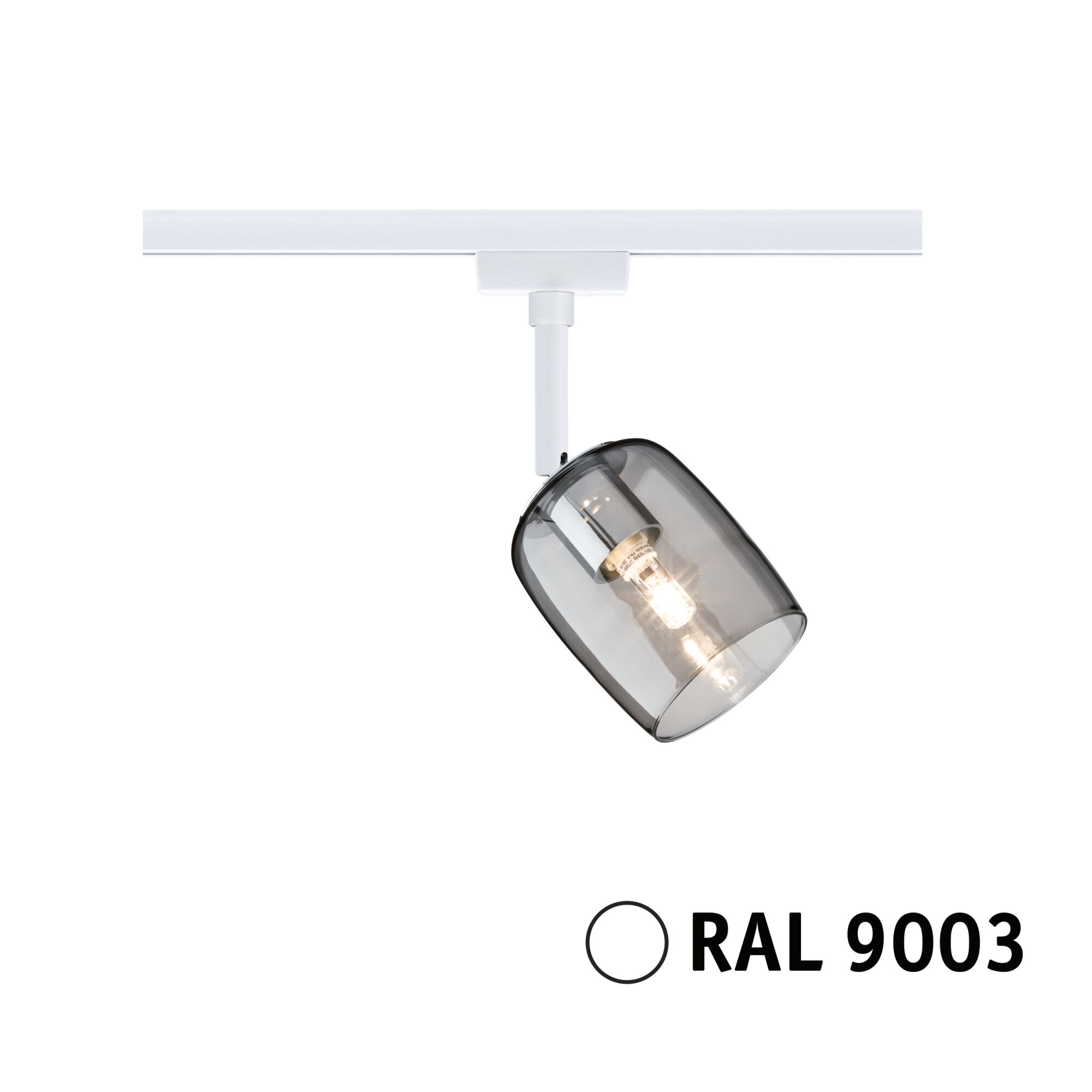 Moderner weißer Schienenspot mit rauchgrauem Glas und LED-Leuchtmittel für flexible Raumbeleuchtung