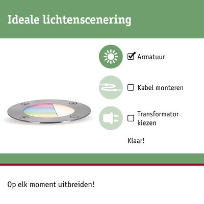 Ronde inbouwspot van roestvrij staal met gekleurd glas en montage-instructies voor lichtscène